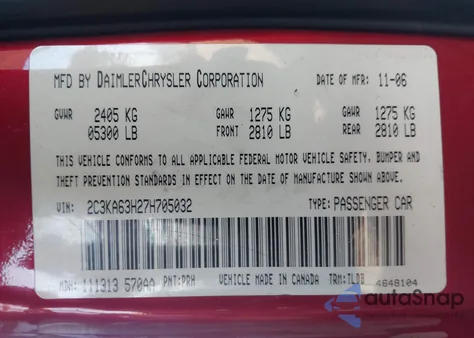 2007 Chrysler 300C from USA, damaged, VIN 2C3KA63H27H705032